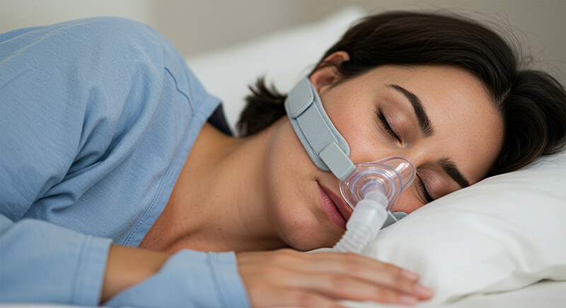 Mulher dormindo com máscara CPAP nasal